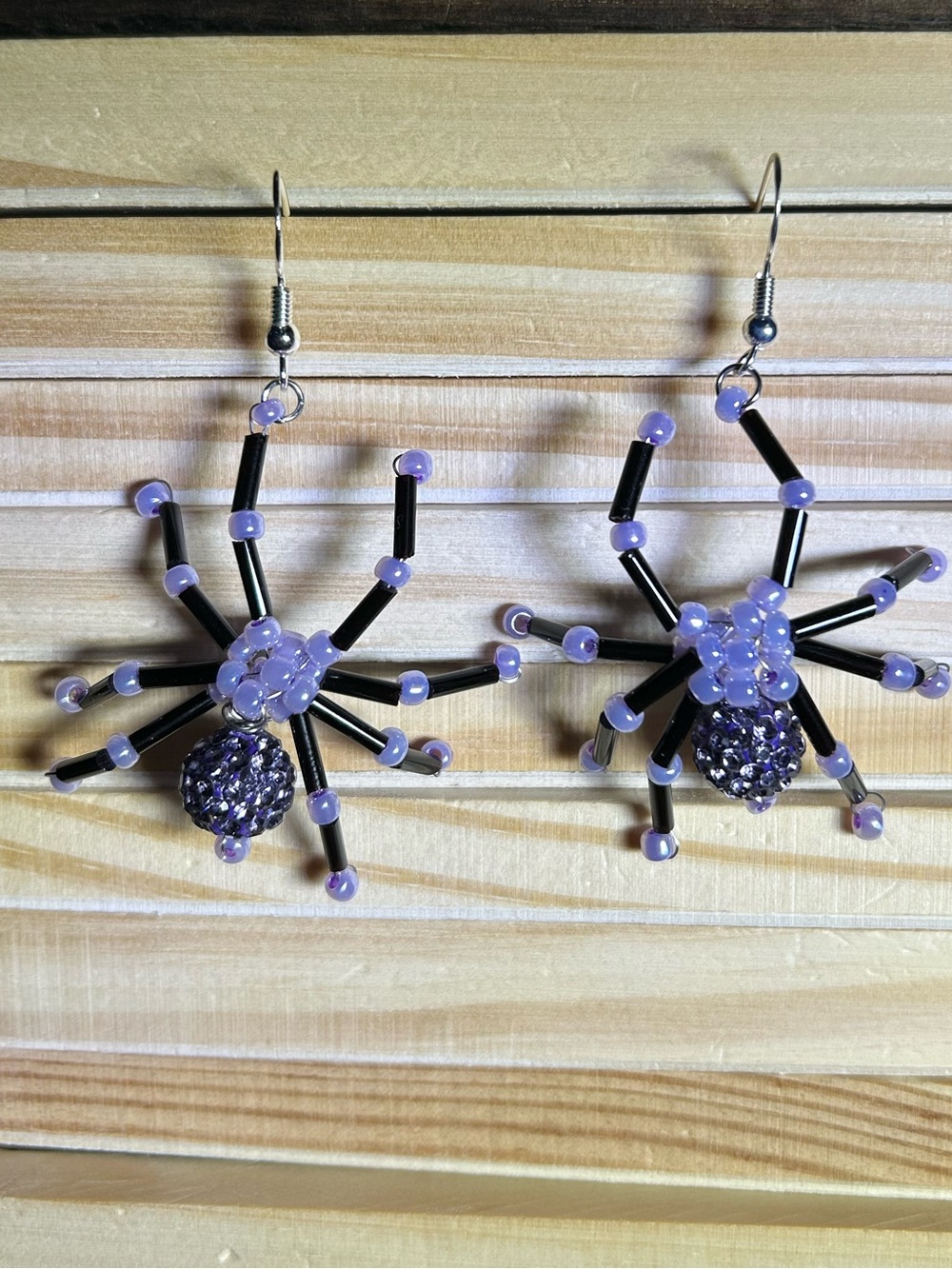 3/$25 Black and Lavender Beaded Spider Dangle Earrings